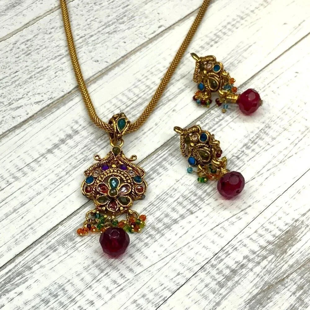 Necklace Earrings Set Gold Tone Ethnic India Boho Bollywood 16 Inch Length